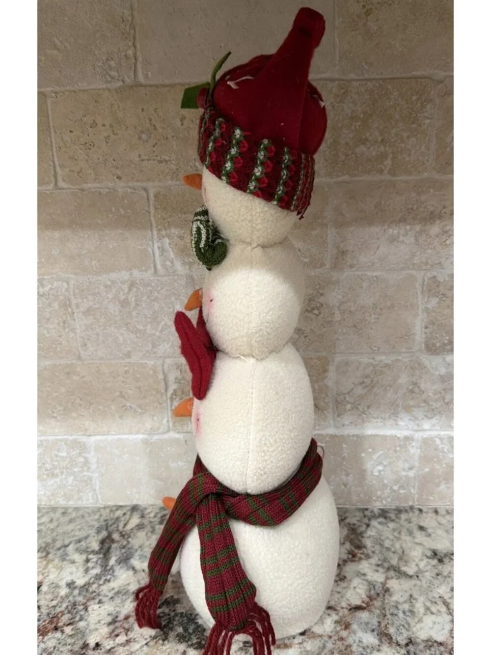 2010 Plush Stacked Snowman Carrot Nose & Weight Bottom 16” Tall Red & Green
